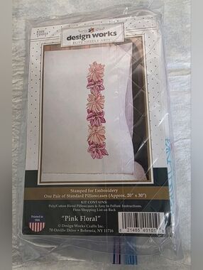 Design Works "Pink Floral" Pillowcases Stamped For Embroidery With Floss